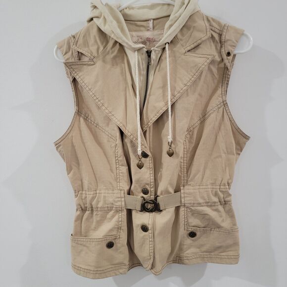 Vintage Y2K Plugg Womens Jacket Size Large Vest Khaki Hooded Buckle Hip Hop - Picture 1 of 6